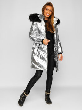 Blouson d'hiver matelassé à capuche pour femme argent Bolf 23069