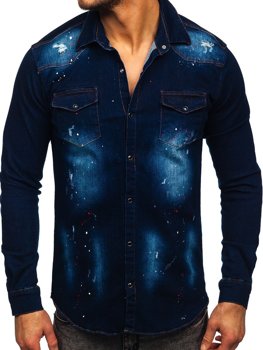Chemise à manches longues en jean pour homme bleue foncée Bolf R703