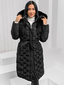 Femme Blouson d'hiver longue matelassée à capuche Noir Bolf 11Z8179