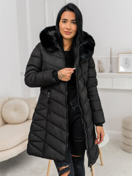 Femme Blouson d'hiver longue matelassée à capuche Noir Bolf 16M9195