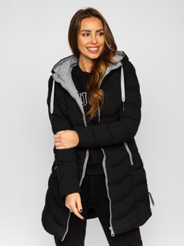 Femme Blouson d'hiver matelassée long à capuche Noir Bolf 7075