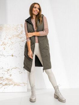 Femme Gilet matelassé long réversible avec capuche Khaki Bolf B8022A1