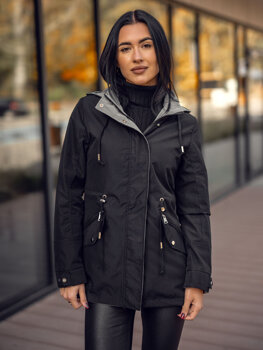 Femme Parka mi-saison réversible à capuche Noir-Gris Bolf 16M9081