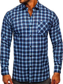 Homme Chemise en flanelle à carreaux à manche longue Bleu Bolf F3