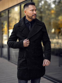 Homme Manteau d'hiver croisé avec col montant Noir Bolf 1048A2