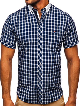 La chemise élégante à carreaux avec les manches courtes pour homme bleue foncée Bolf 5531