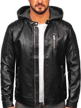 Le blouson en cuir à capuche biker pour homme noir Bolf 11Z8018