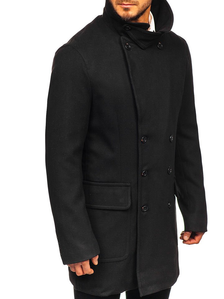 Manteau d'hiver long à double rangée pour homme noir Bolf 79B3-073
