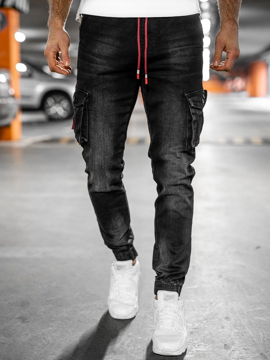 Pantalon jogger cargo en jean pour homme noir Bolf KA9581