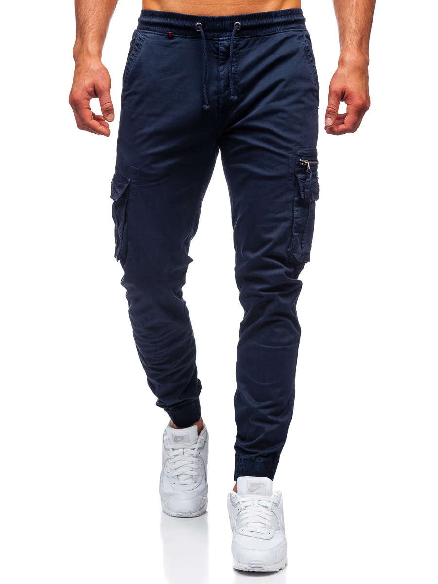 FK100 BLEU FONCé-XL] Pantalon de jogging décontracté pour homme pantalon de jogging  cargo solide pantalon multi-poches