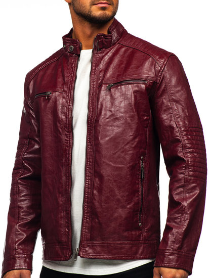 Blouson biker en cuir bordeaux pour homme Bolf 2002