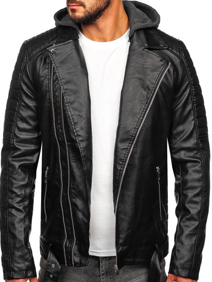 Blouson de motard biker en cuir à capuche pour homme noir Bolf 11Z8005