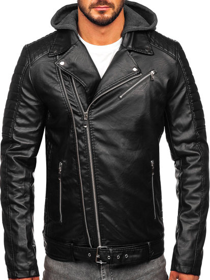 Blouson de motard biker en cuir à capuche pour homme noir Bolf 11Z8005