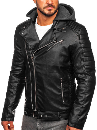 Blouson de motard biker en cuir à capuche pour homme noir Bolf 11Z8005