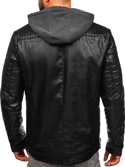 Blouson de motard biker en cuir à capuche pour homme noir Bolf 11Z8005