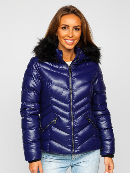 Blouson d'hiver matelassé à capuche pour femme bleu foncé Bolf 23068