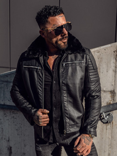 Blouson en cuir avec fourrure pour homme noir Bolf 11Z8013