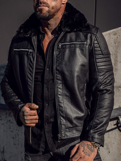 Blouson en cuir avec fourrure pour homme noir Bolf 11Z8013