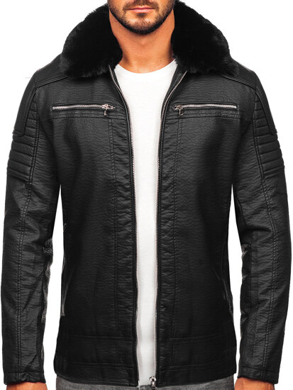 Blouson en cuir avec fourrure pour homme noir Bolf 11Z8013