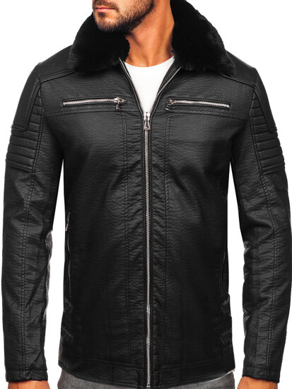 Blouson en cuir avec fourrure pour homme noir Bolf 11Z8013