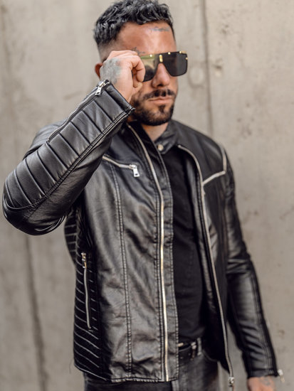 Blouson en cuir biker avec manches amovibles pour homme noir Bolf 11Z8011