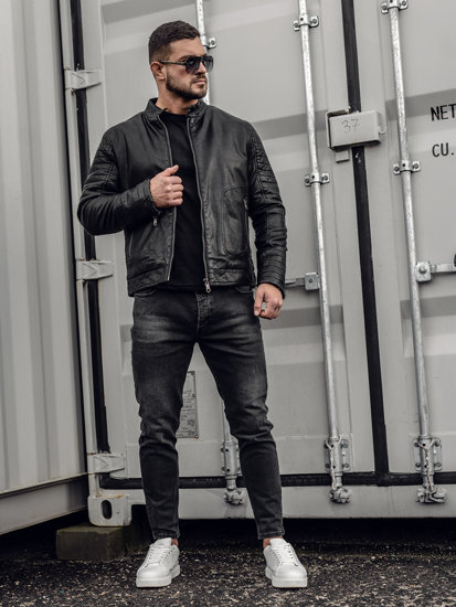 Blouson en cuir biker pour homme noir isolé Bolf 92531