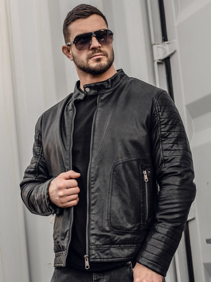 Blouson en cuir biker pour homme noir isolé Bolf 92531