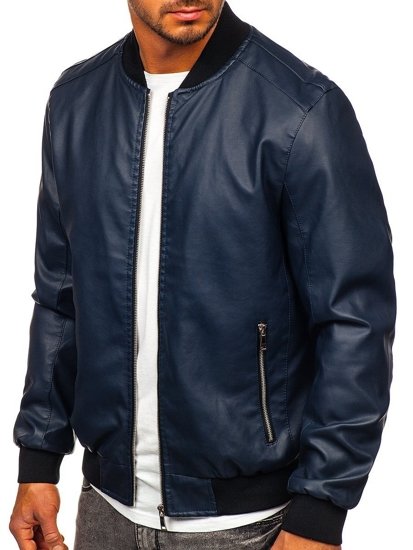 Blouson en cuir bomber bleu foncé pour homme Bolf 1147 