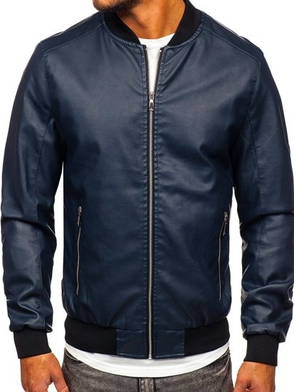 Blouson en cuir bomber bleu foncé pour homme Bolf 1147 