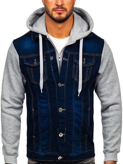 Blouson en jean à capuche pour homme bleu foncé Bolf 801