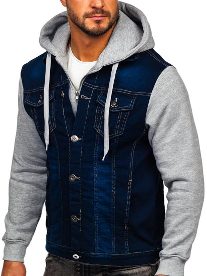 Blouson en jean à capuche pour homme bleu foncé Bolf 801