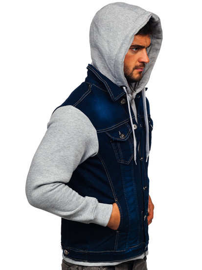 Blouson en jean à capuche pour homme bleu foncé Bolf 801