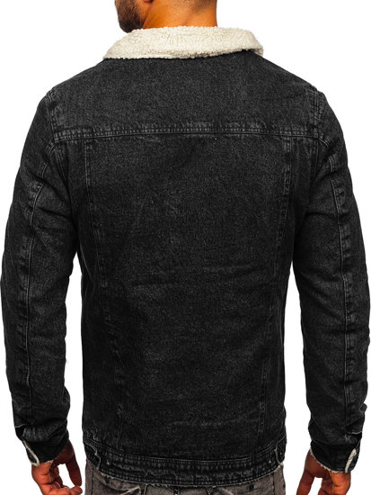 Blouson en jean isolé trucker avec col en mouton noir pour homme Bolf 1159