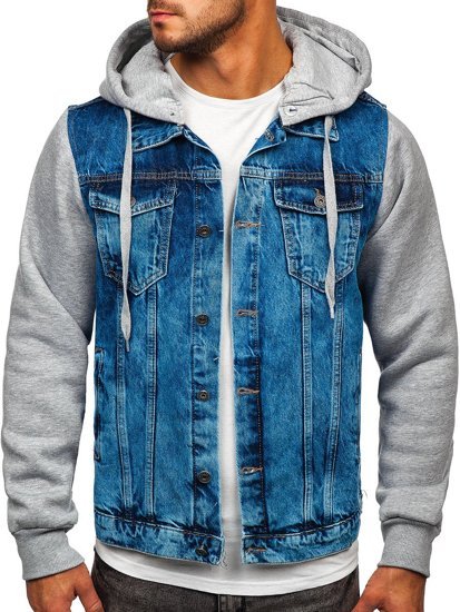 Blouson en jean pour homme bleu foncé à capuche Bolf 211902