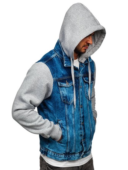 Blouson en jean pour homme bleu foncé à capuche Bolf 211902