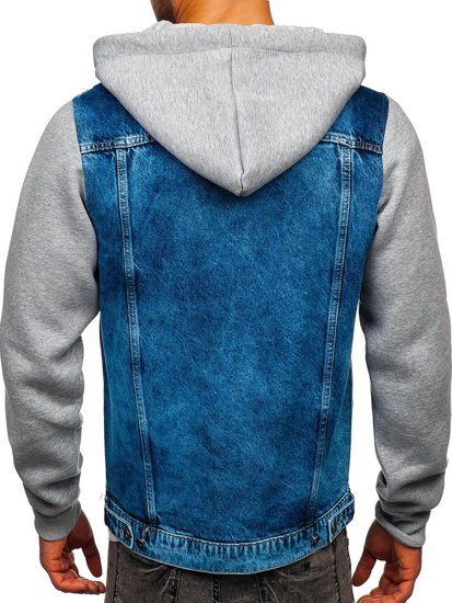 Blouson en jean pour homme bleu foncé à capuche Bolf 211902