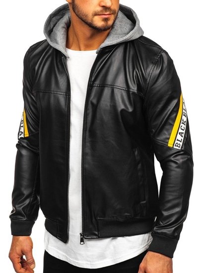 Blouson pour homme en cuir à capuche noir-jaune Bolf HY614