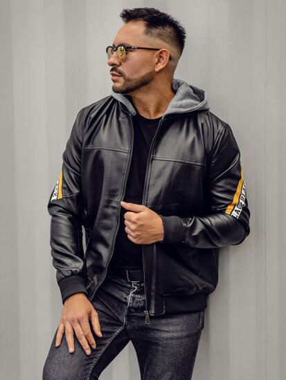 Blouson pour homme en cuir à capuche noir-jaune Bolf HY614