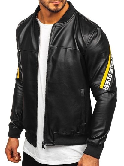 Blouson pour homme en cuir à capuche noir-jaune Bolf HY614