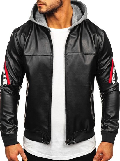 Blouson pour homme en cuir à capuche noir-rouge Bolf HY614