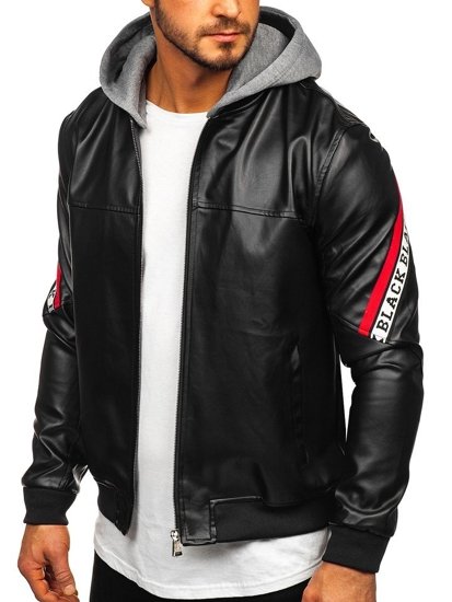 Blouson pour homme en cuir à capuche noir-rouge Bolf HY614