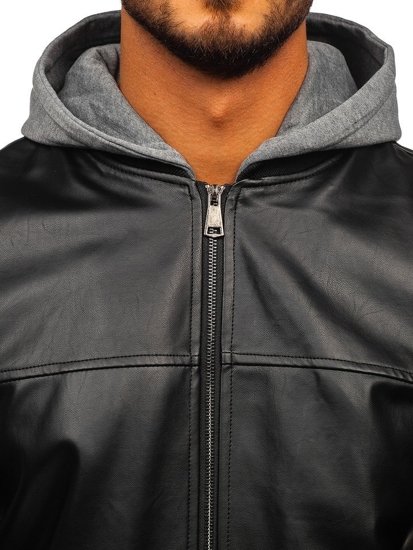 Blouson pour homme en cuir à capuche noir-rouge Bolf HY614