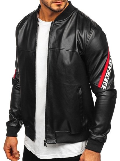 Blouson pour homme en cuir à capuche noir-rouge Bolf HY614