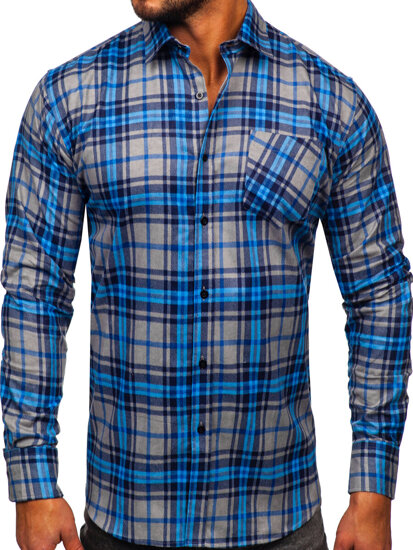 Chemise à manche longue en flanelle à carreaux pour homme bleue Bolf F1