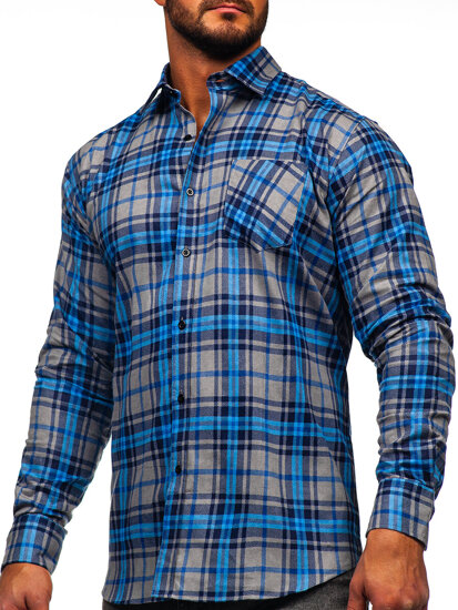 Chemise à manche longue en flanelle à carreaux pour homme bleue Bolf F1