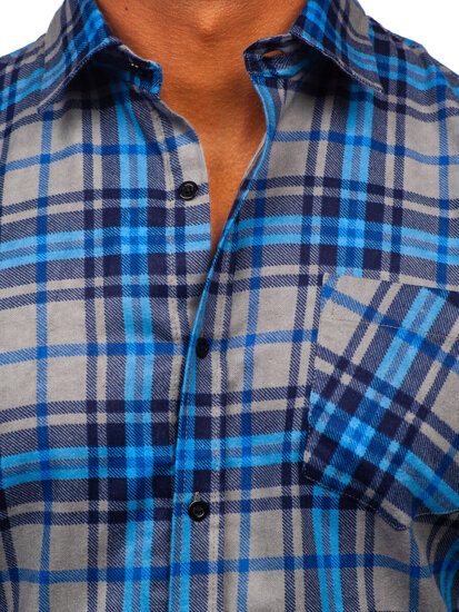 Chemise à manche longue en flanelle à carreaux pour homme bleue Bolf F1