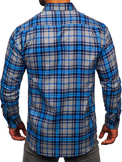 Chemise à manche longue en flanelle à carreaux pour homme bleue Bolf F1