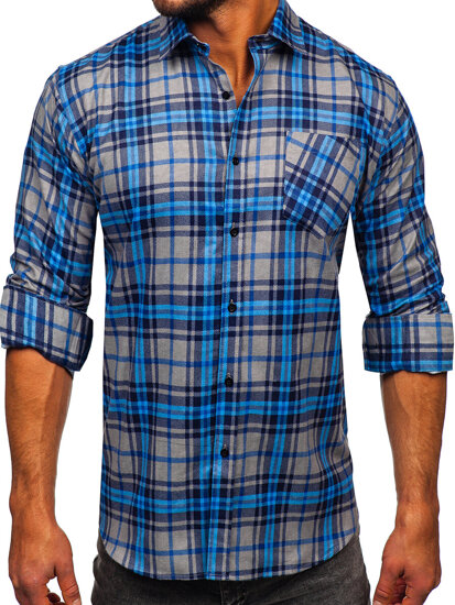 Chemise à manche longue en flanelle à carreaux pour homme bleue Bolf F1