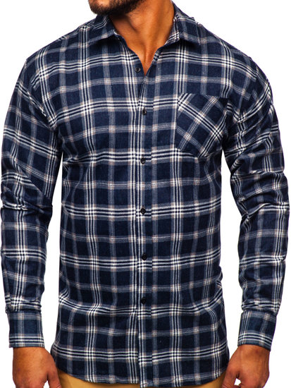 Chemise à manche longue en flanelle à carreaux pour homme bleue foncée Bolf F1