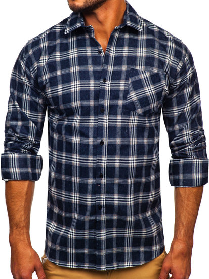 Chemise à manche longue en flanelle à carreaux pour homme bleue foncée Bolf F1